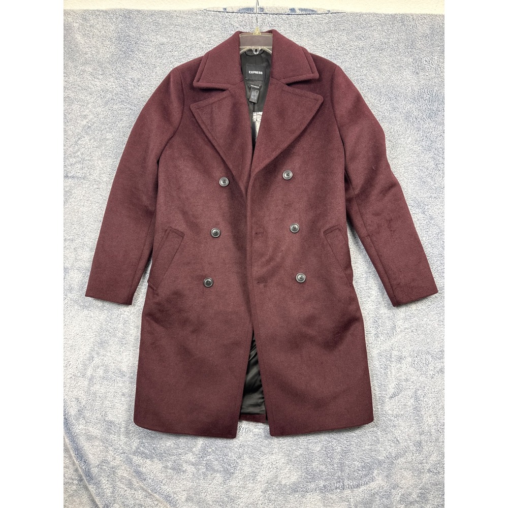 Express Mens XS Burgundy Double Breasted Wool Blend Water Resistant Overcoat
